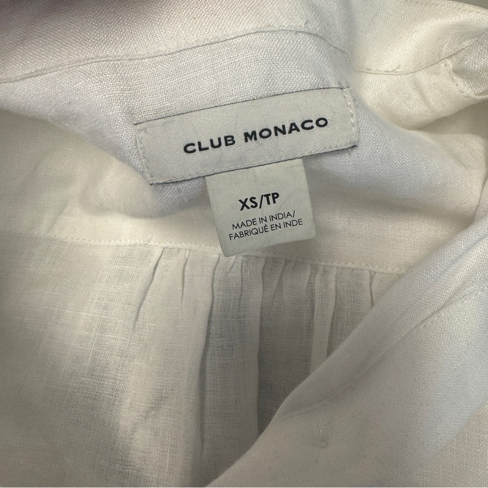 Club Monaco Linen Boho Blouse White XS Embroidered Sleeve Button Shirt Summer - Picture 13 of 16
